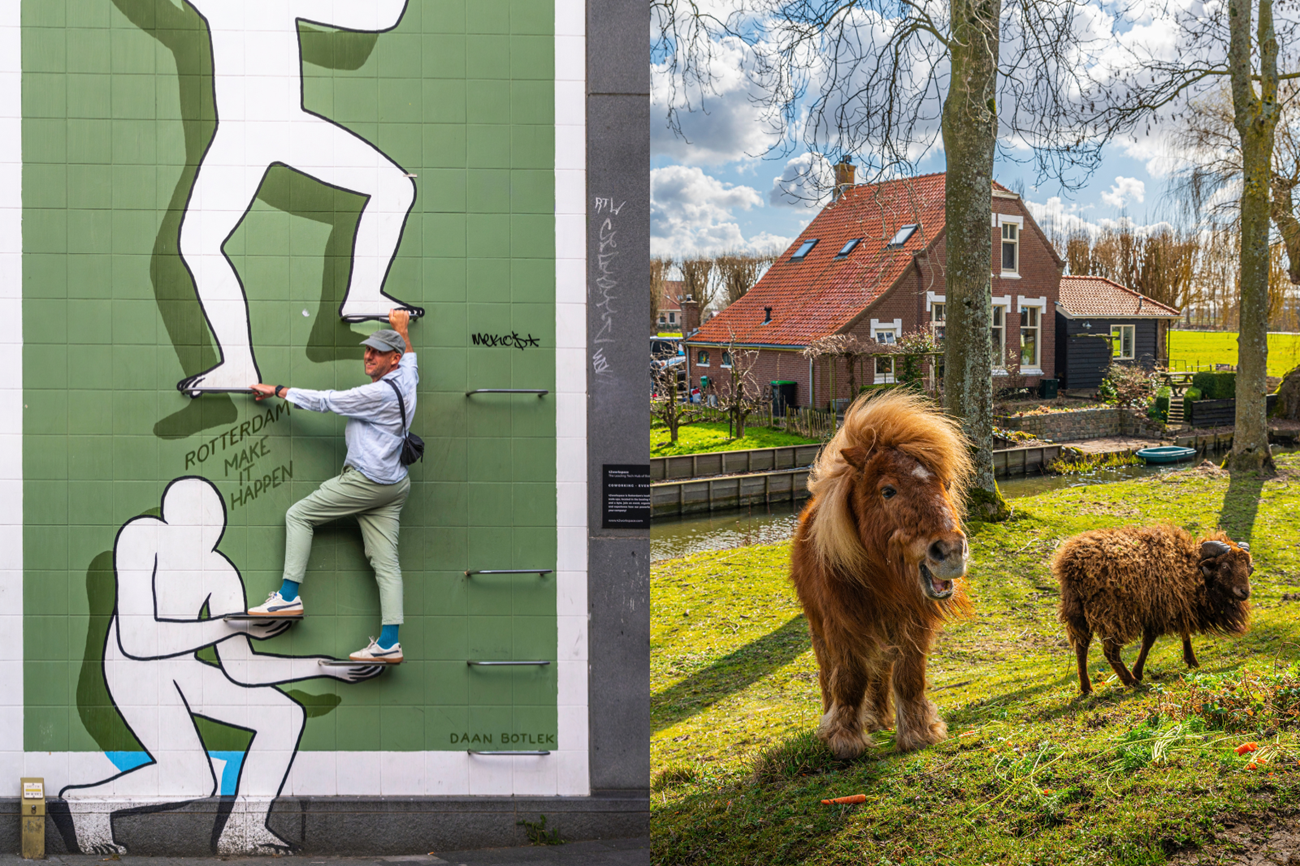 Collage met het kunstwerk Make it Happen van Daan Botlek in Rotterdam en een landelijk tafereel met een pony en schaap.