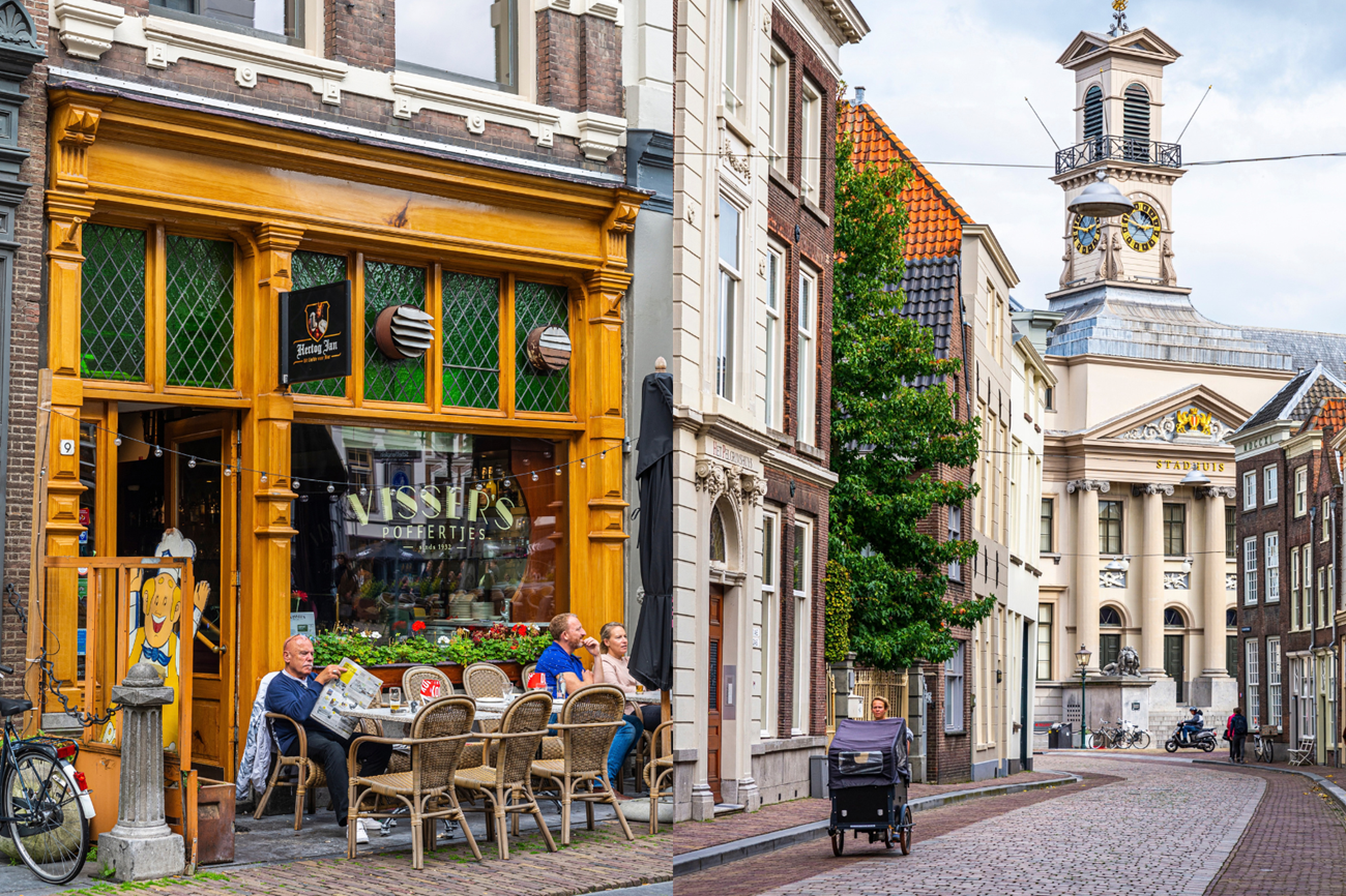 Collage van een gezellig terras in het centrum van Dordrecht en een straat met uitzicht op het historische stadhuis.