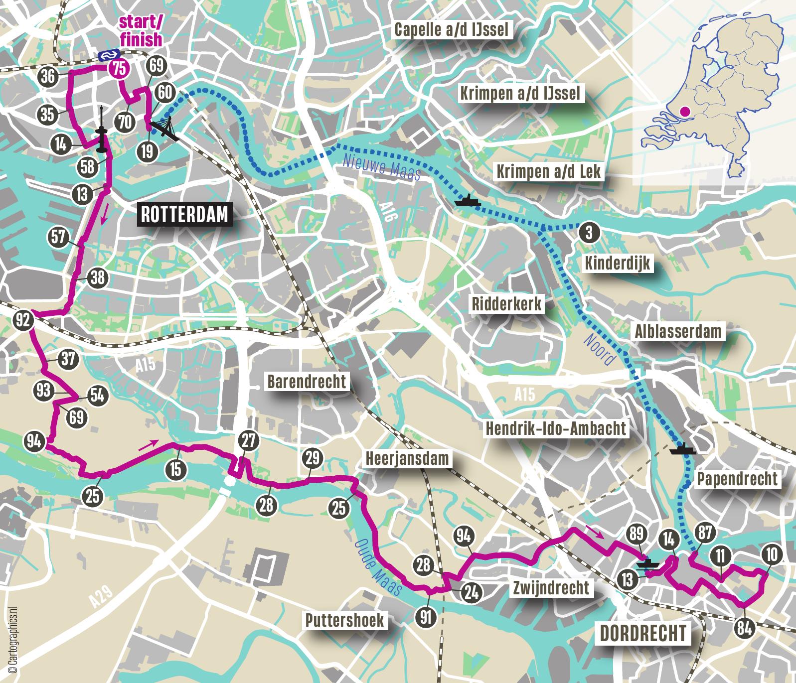 Routekaart van de fietsroute Rotterdam Dordrecht met knooppunten en de Waterbusverbinding tussen Dordrecht en Rotterdam.