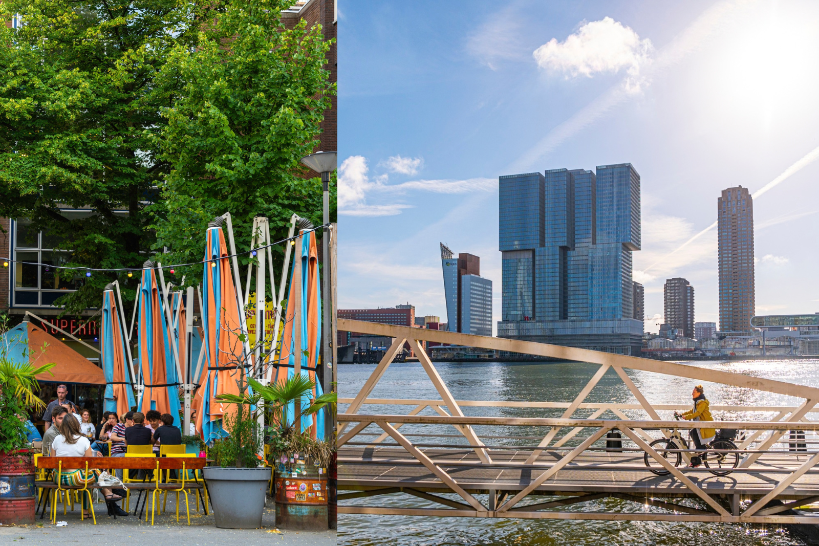 Collage van een terras bij Supermercado in Rotterdam en een fietser op een brug over de Nieuwe Maas met de skyline op de achtergrond.