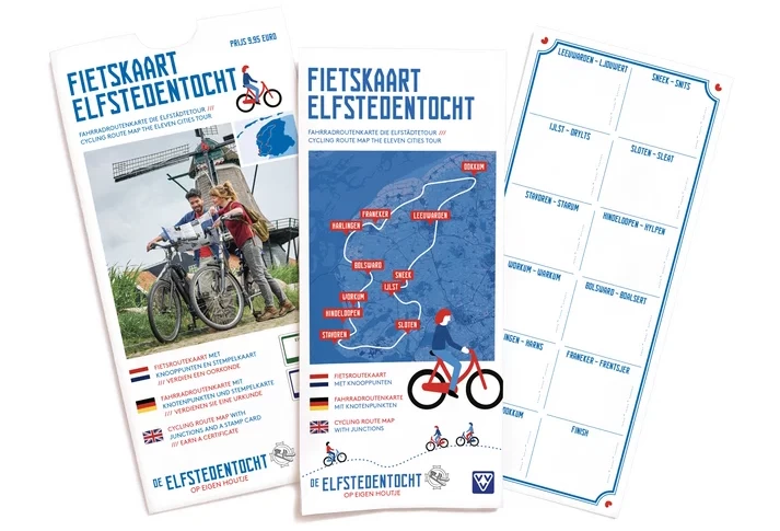 Fietskaart en stempelkaart voor het fietsen van de Elfstedentochtroute door Friesland.