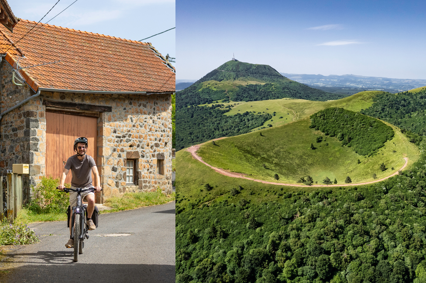 Fotocollage van een fietser in de Auvergne en het groene vulkaanlandschap met een slapende vulkaan.