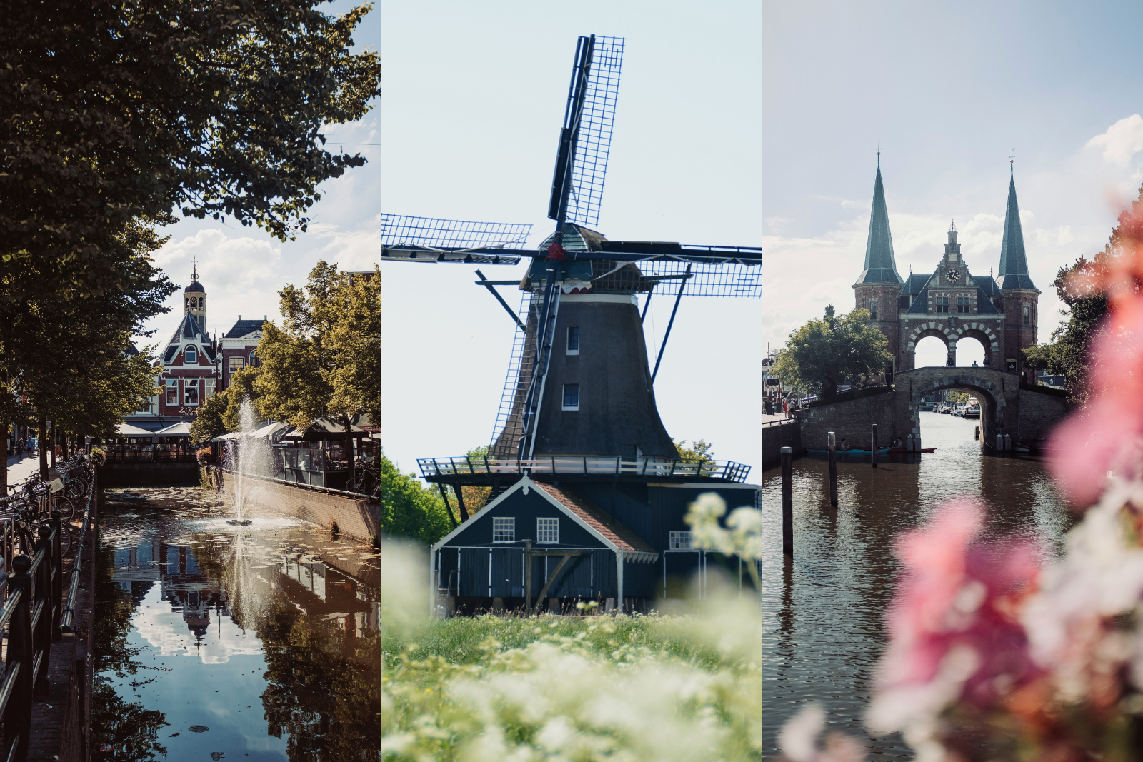 Fotocollage van Sneek en IJlst langs de Elfstedentochtroute, met grachten, een molen en de Waterpoort van Sneek.