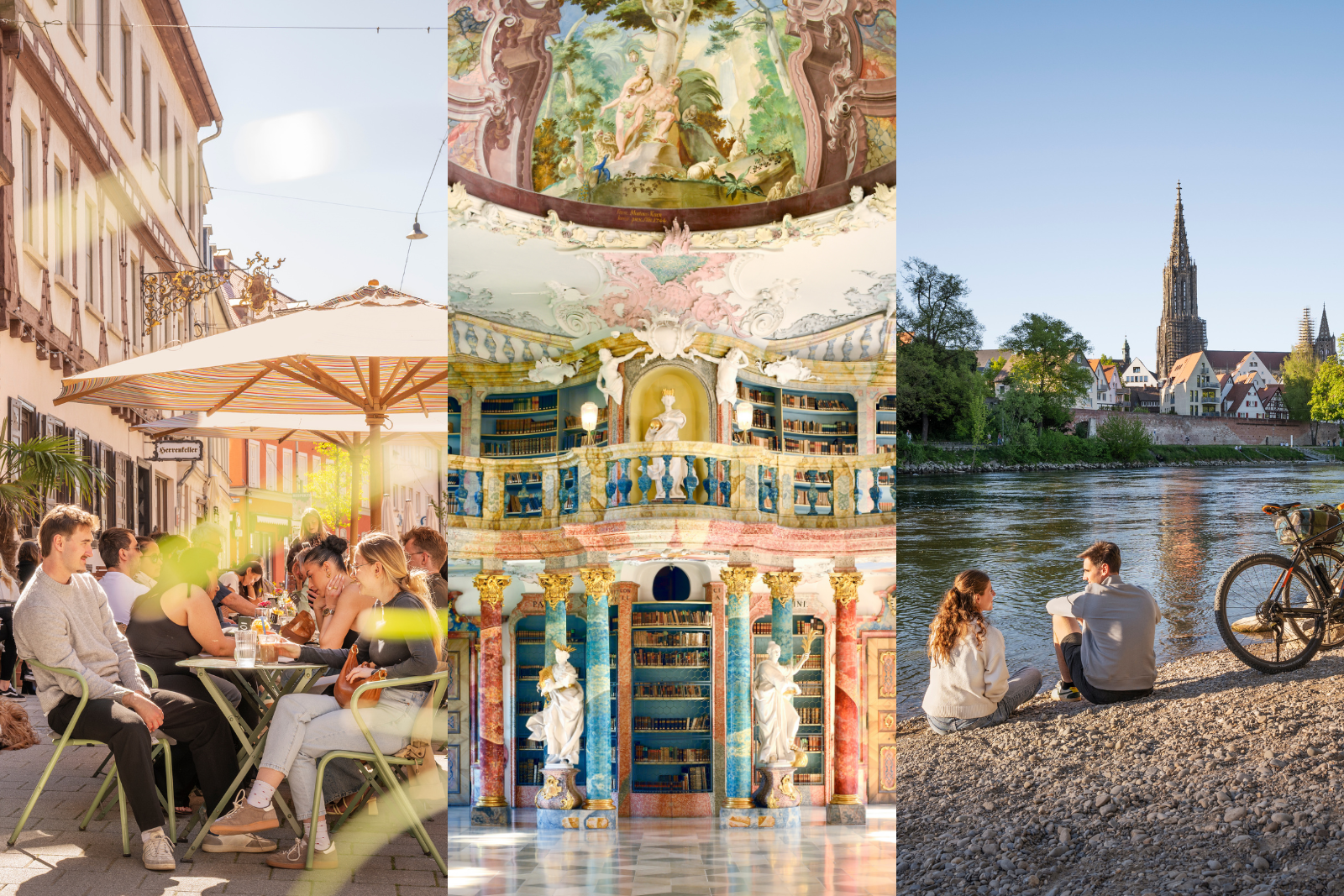 Fotocollage met een terras in Ulm, de bibliotheekzaal van Kloster Wiblingen en mensen met een fiets aan de Donau met het Ulmer Münster op de achtergrond.