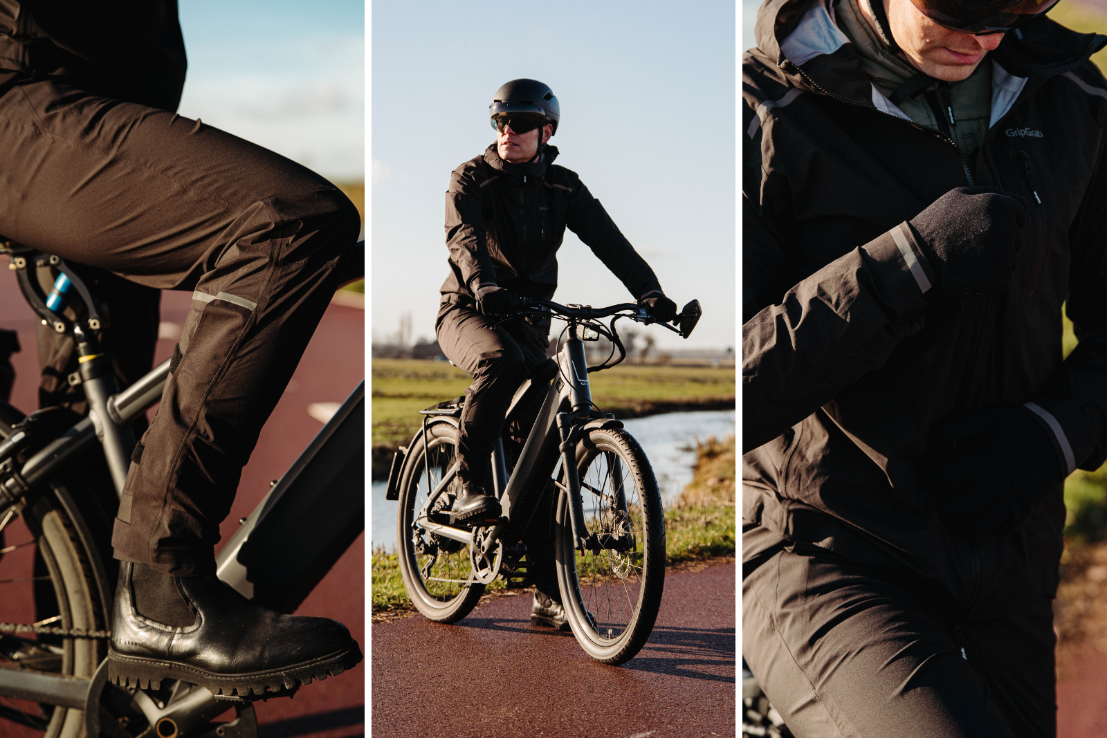 Fotocollage van een fietser in de GripGrab EXPLR regenjas en regenbroek, met close-ups van de broek en jas.