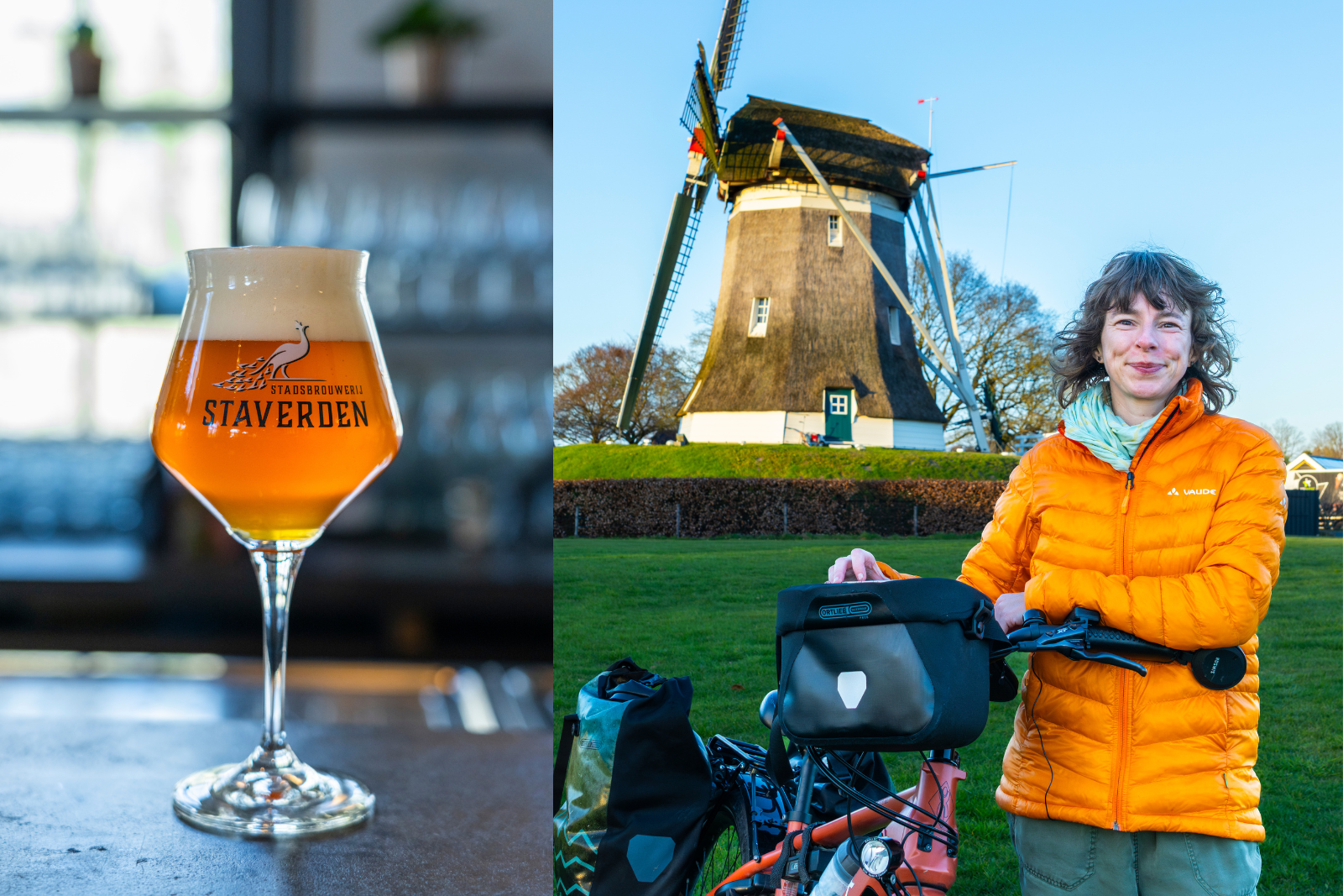 Fietser bij een molen tijdens een fietsroute rond Elspeet, met een glas Staverden-bier.