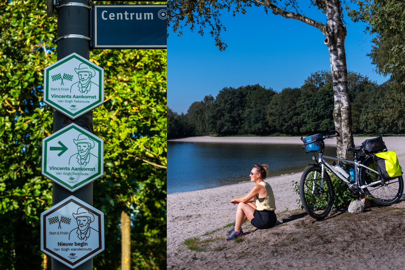 Fotocollage met routebordjes van de Van Gogh-fietsroute in Hoogeveen en een fietser bij recreatieplas Schoonhoven.