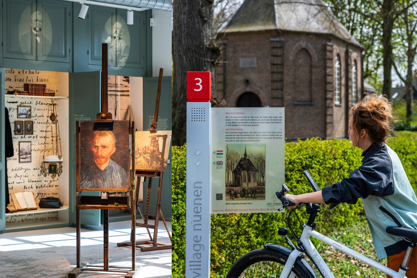 Collage van de Van Gogh fietsroute in Nuenen met een tentoonstelling over Van Gogh en een fietser bij het Van Goghkerkje.