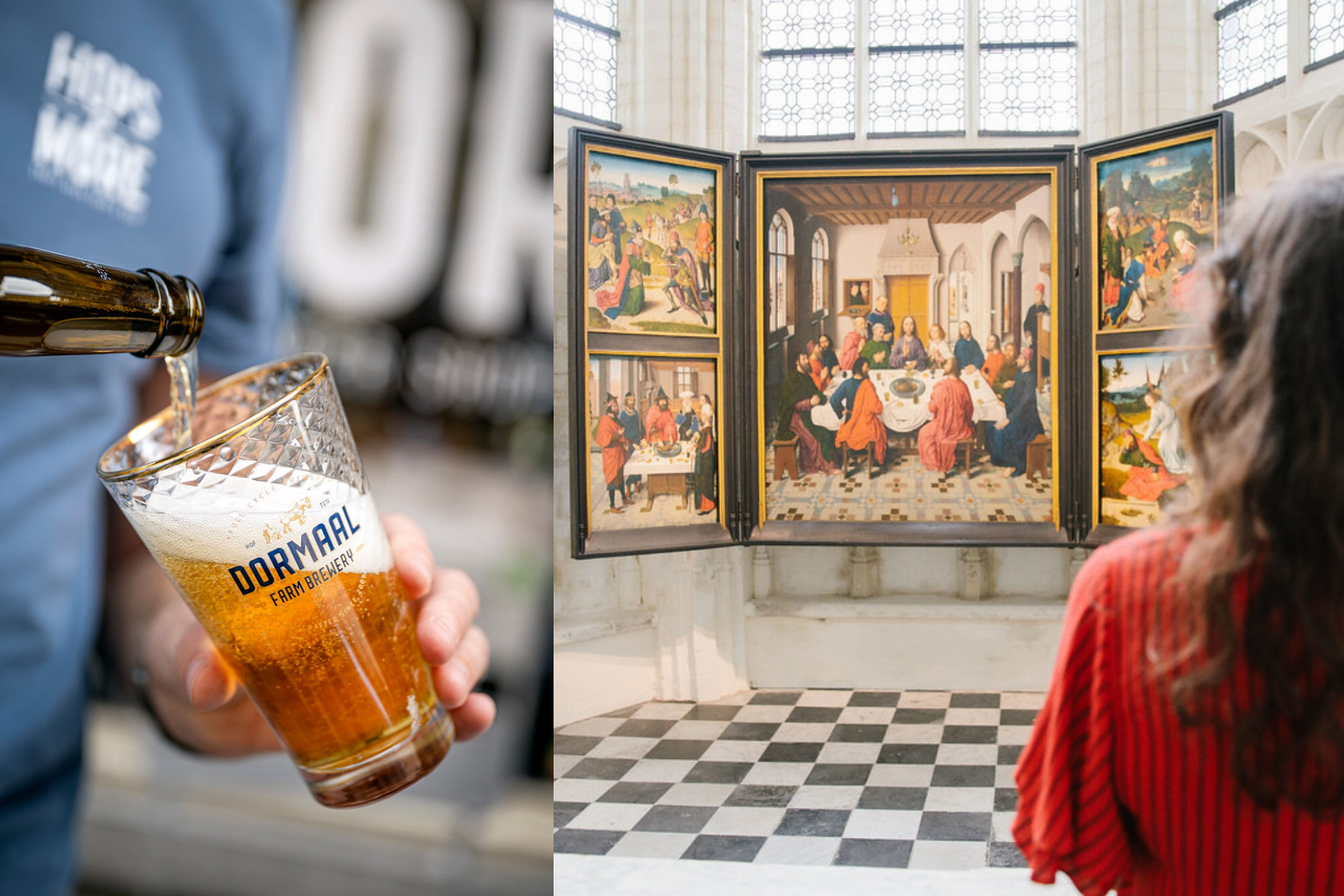 Fotocollage met een glas bier van Hof ten Dormaal en een kunstwerk van Dieric Bouts in de Sint-Pieterskerk in Leuven.