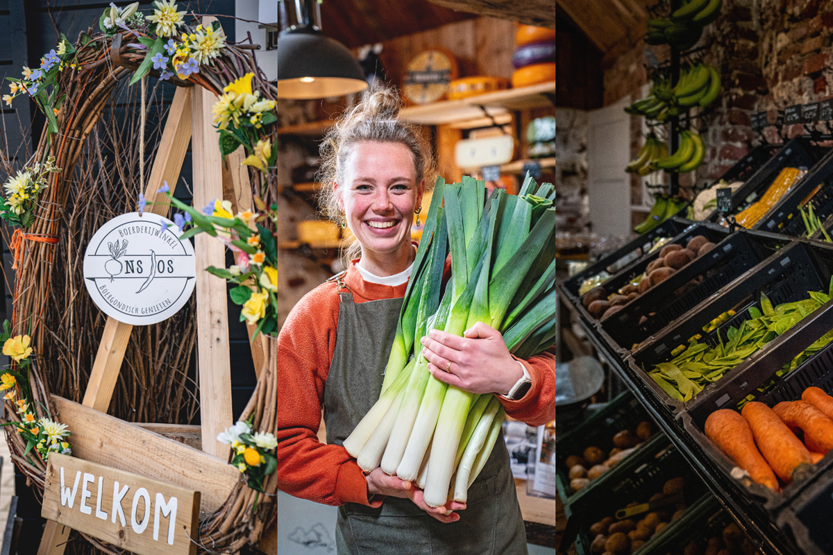Fotocollage van Boerderijwinkel Ons Jos met verse groenten en een medewerker met prei.