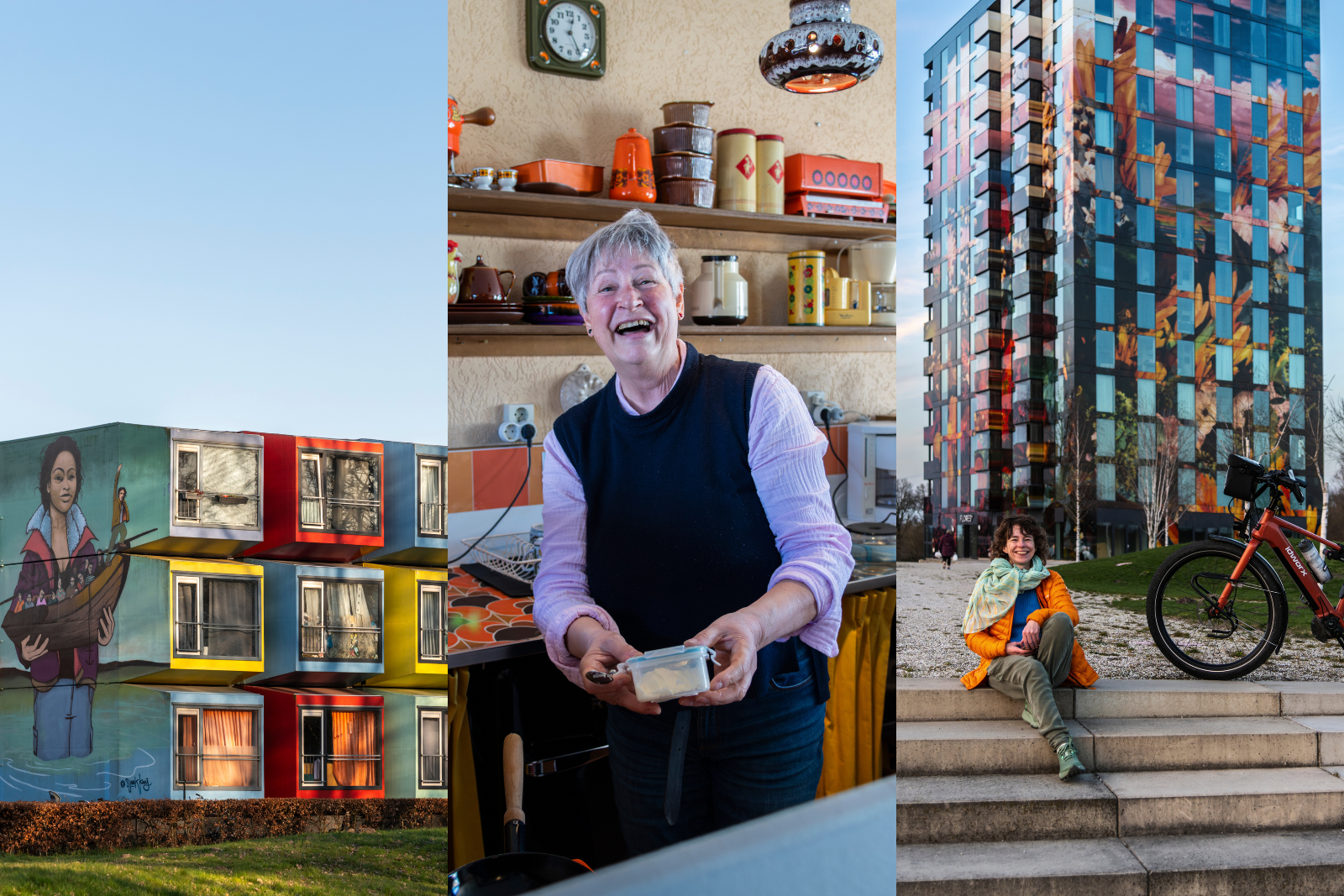 Fotocollage van kleurrijke studentenwoningen, een vrijwilliger in museumwoning Huis van Haven en Jessica bij woontoren Flores in Almere.
