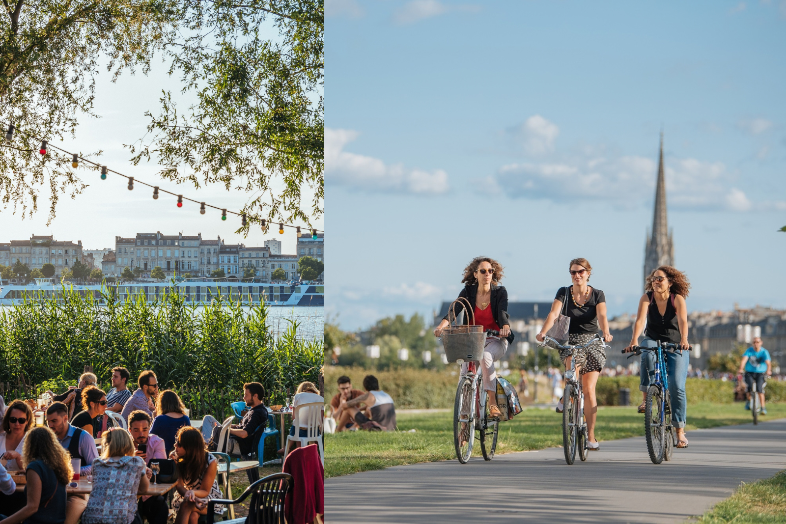Collage van een gezellig terras aan het water en drie vrouwen die samen door Bordeaux fietsen.
