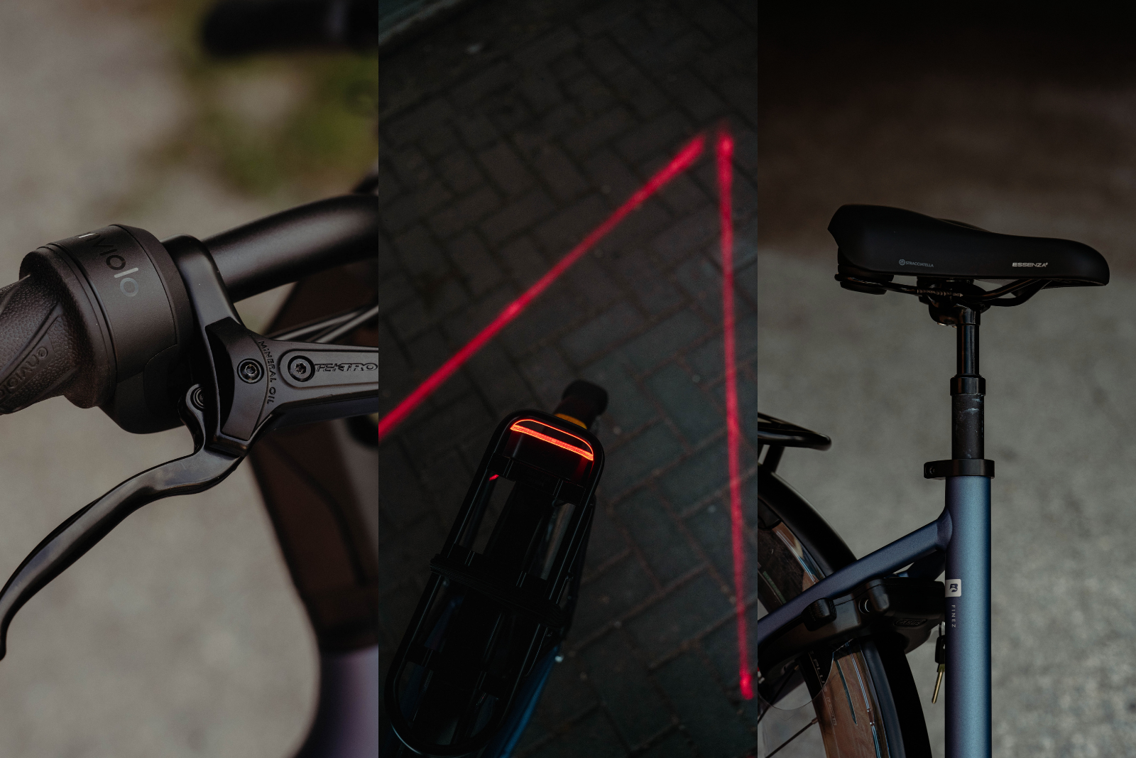 Fotocollage met de remhendel, het achterlicht met lichtprojectie en het zadel van de Batavus Finez PT Exclusive Plus.