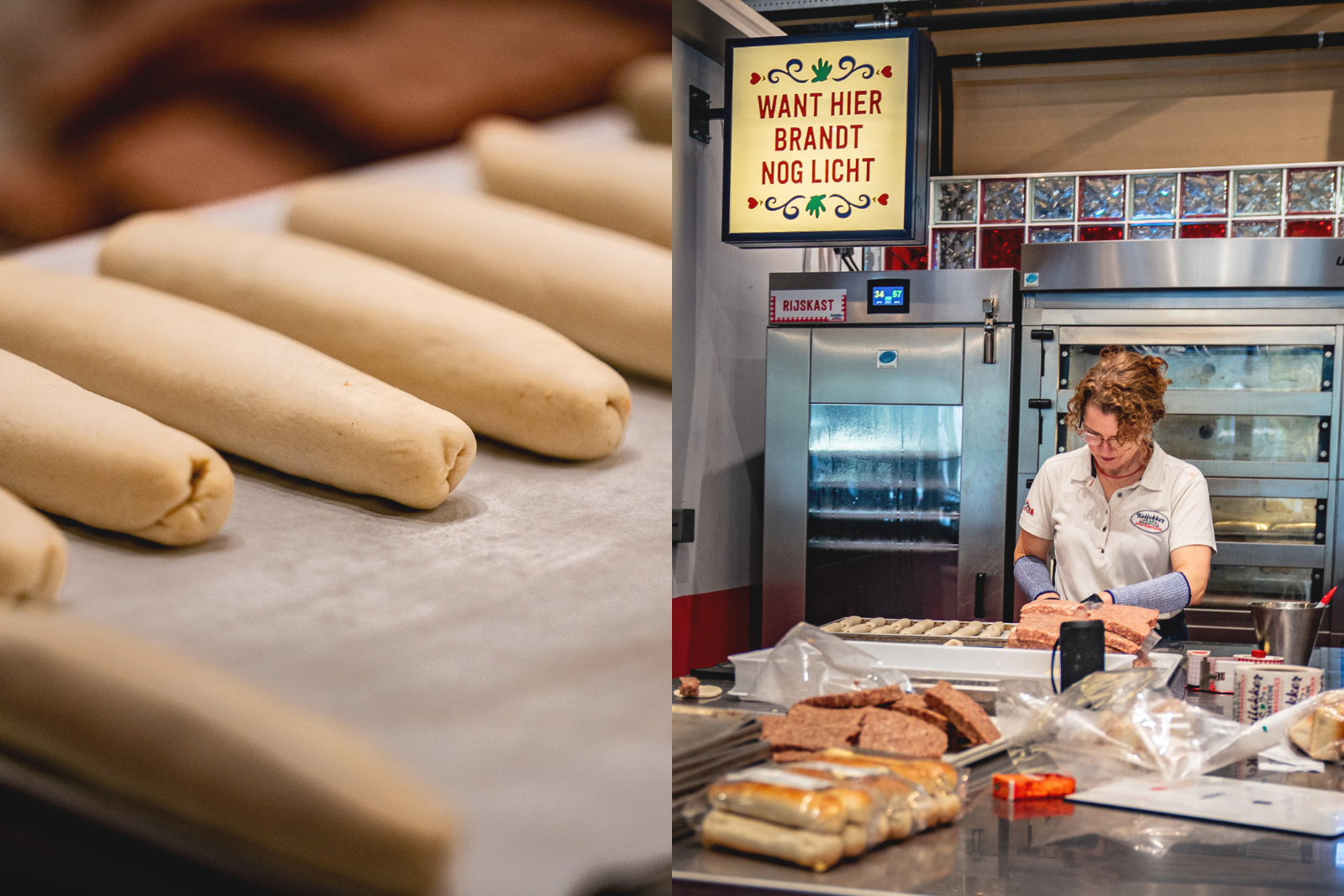 Fotocollage van Brabantse worstenbroodjes in de maak bij Markthal Het Fort bij Fort Isabella in Vught.