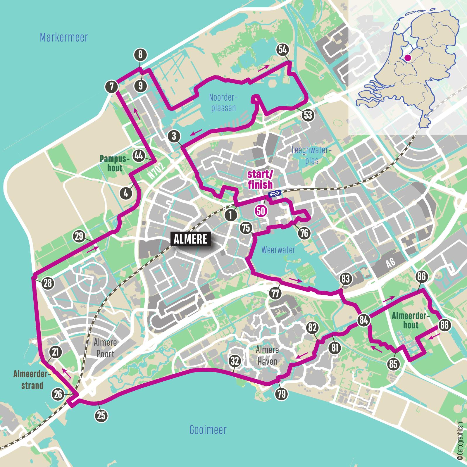 Routekaart van de 41 kilometer lange fietsroute door Almere, langs het Weerwater, Gooimeer, Almeerderstrand en de Noorderplassen.