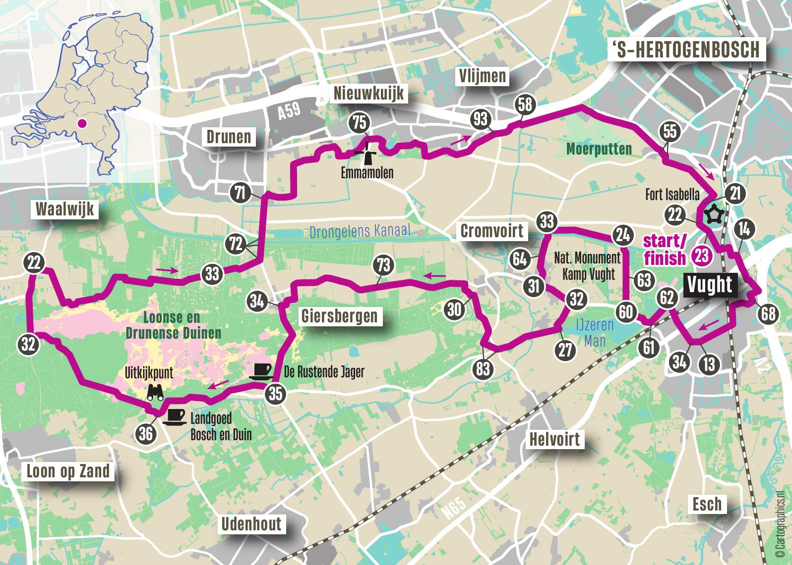 Routekaart van de knooppuntenroute vanuit Vught via Nationaal Monument Kamp Vught, Cromvoirt en de Loonse en Drunense Duinen.