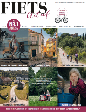 Cover van FietsActief editie 7 2026 met fietsinspiratie uit onder meer Lissabon, Toscane en Wallonië.