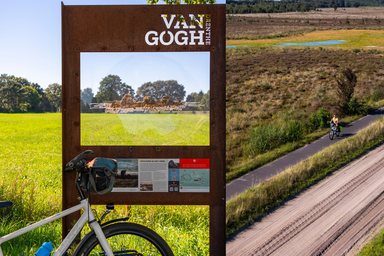 Fotocollage met een Van Gogh-doorkijkpaneel en een fietser door het natuurgebied Mantingerzand bij Hoogeveen.