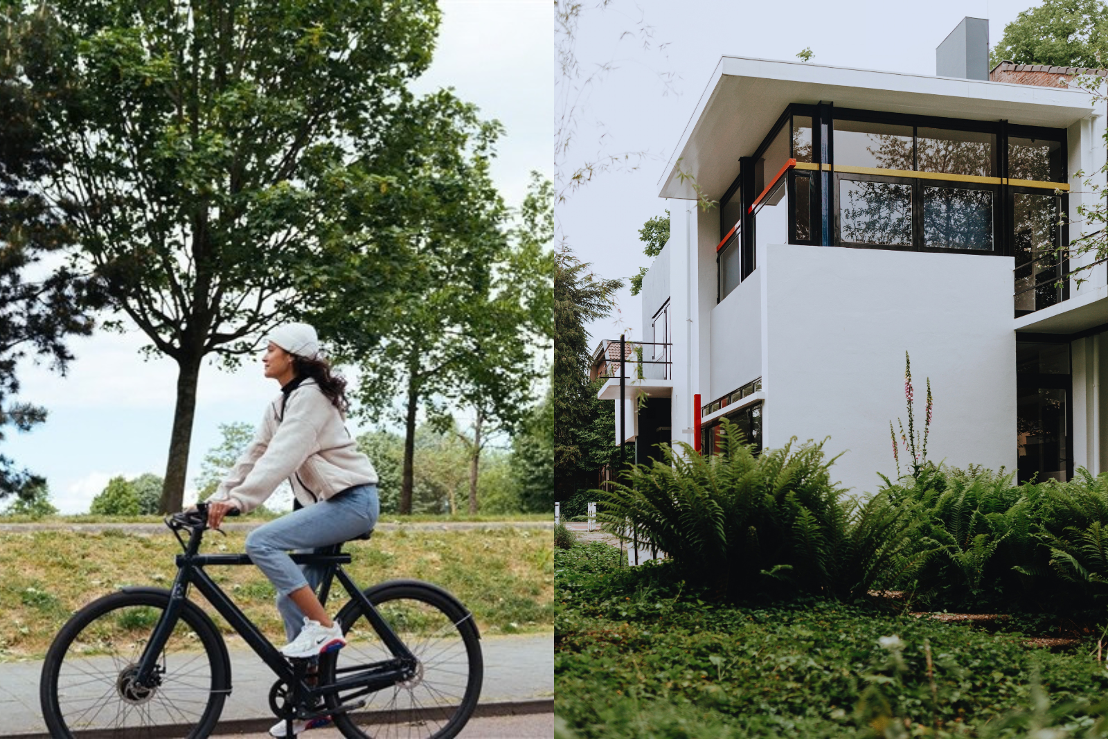 Collage met een fietser onderweg en het Rietveld Schröderhuis, een bekend voorbeeld van De Stijl-architectuur.