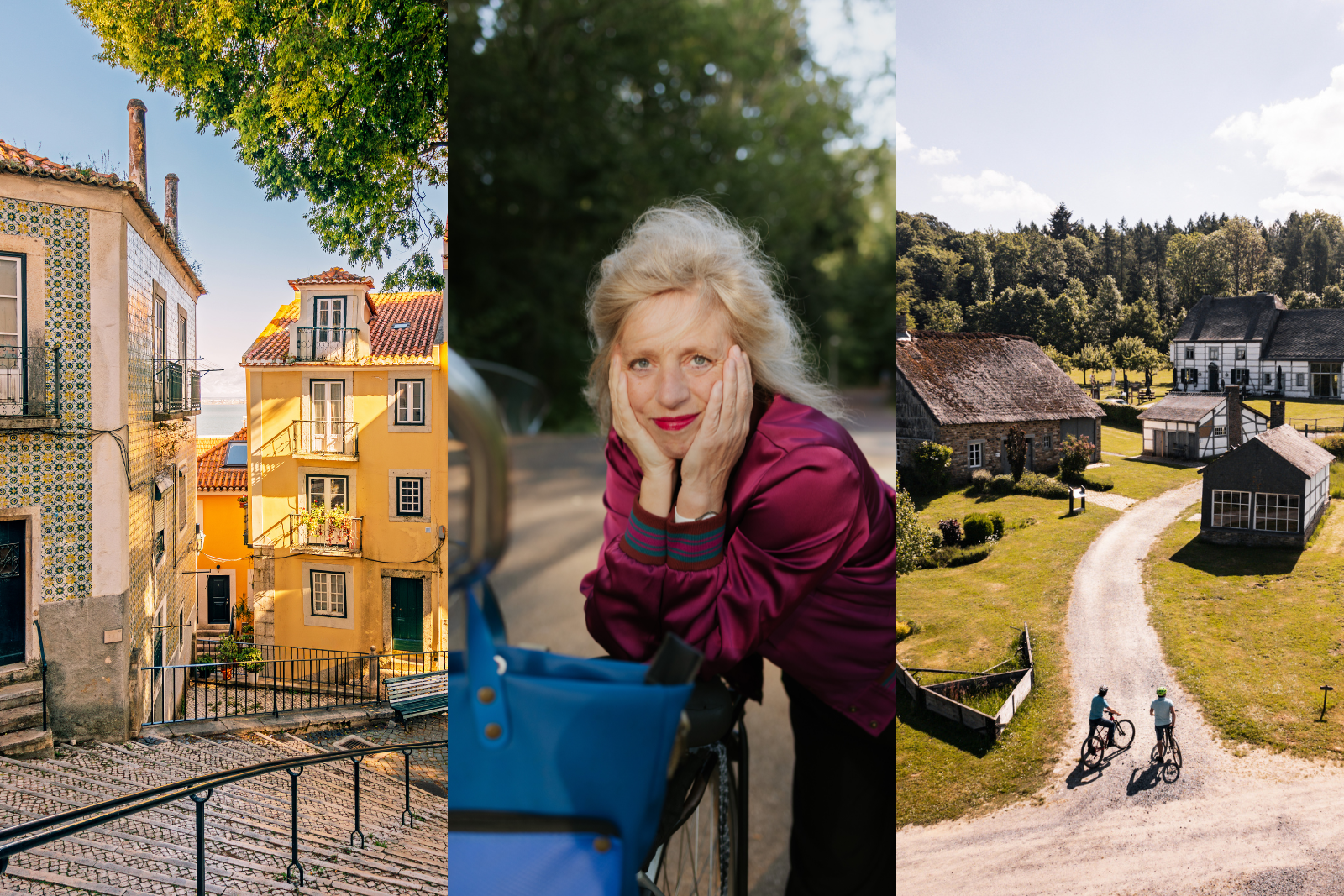 Fotocollage met Lissabon, schrijfster Suzanna Jansen en fietsers in de Belgische provincie Luxemburg.