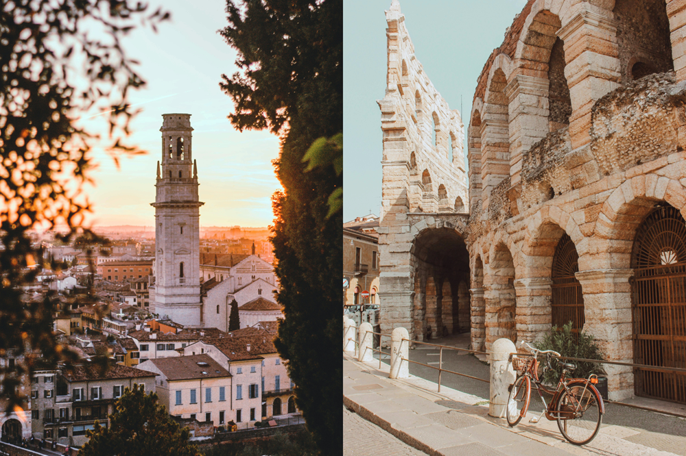 Fotocollage met uitzicht over Verona en de Arena van Verona, met een fiets voor het Romeinse amfitheater.