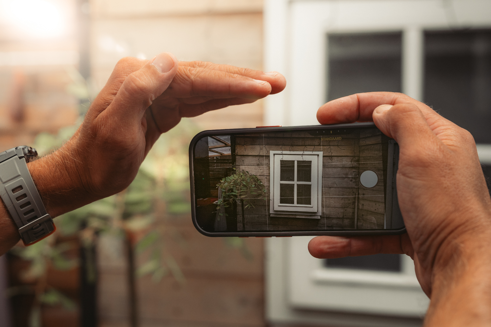 Iemand gebruikt zijn hand als zonnekap tijdens het fotograferen met een smartphone.