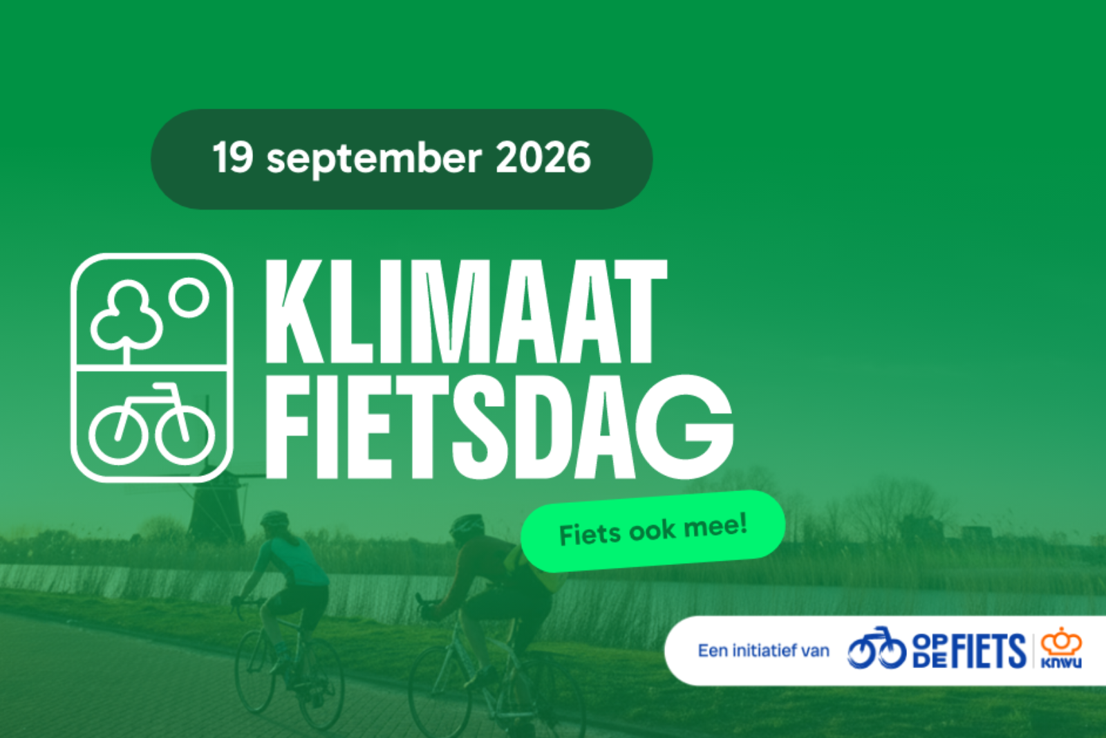 Afbeelding van de Nationale Klimaat Fietsdag 2026 op 19 september, met fietsers op de achtergrond.