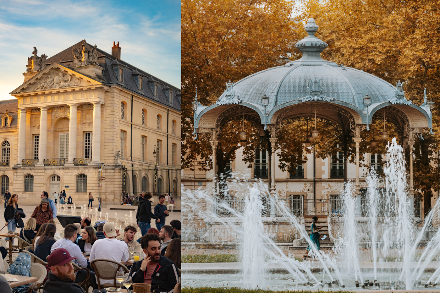 Fotocollage van een levendig plein met terras en een sierlijke fontein in Dijon.