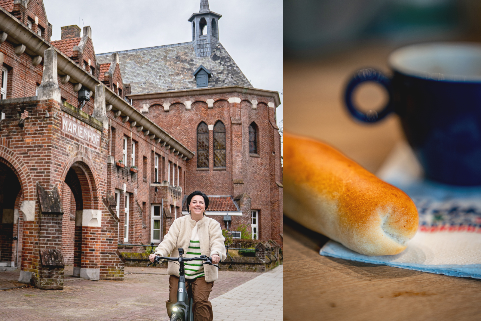 Fotocollage van een fietser bij Klooster Mariënhof en een Brabants worstenbroodje tijdens een fietsroute vanuit Vught.