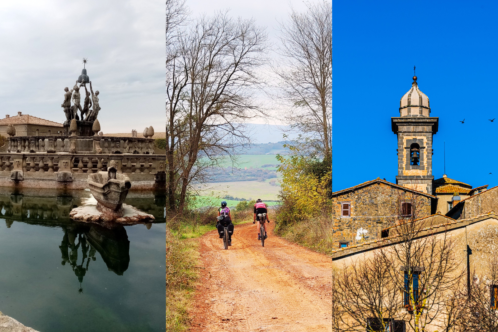 Fotocollage van de fietsroute Ciclovia Etruria met historische bezienswaardigheden, fietsers op een onverharde weg en een Italiaans dorp.