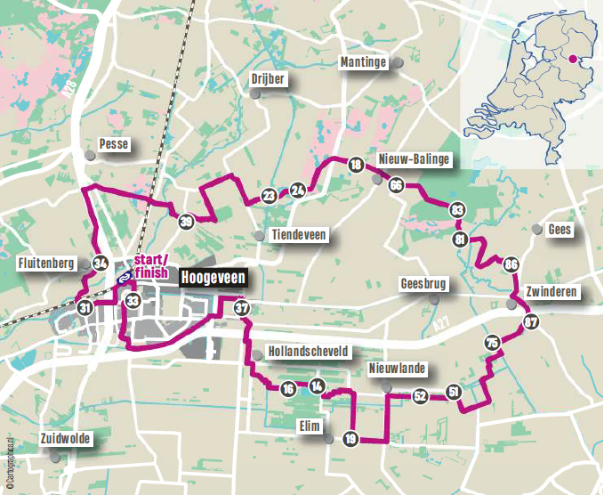Routekaart van de fietsroute vanuit Hoogeveen langs onder meer Pesse, Tiendeveen, Nieuw-Balinge, Geesbrug en Hollandscheveld.