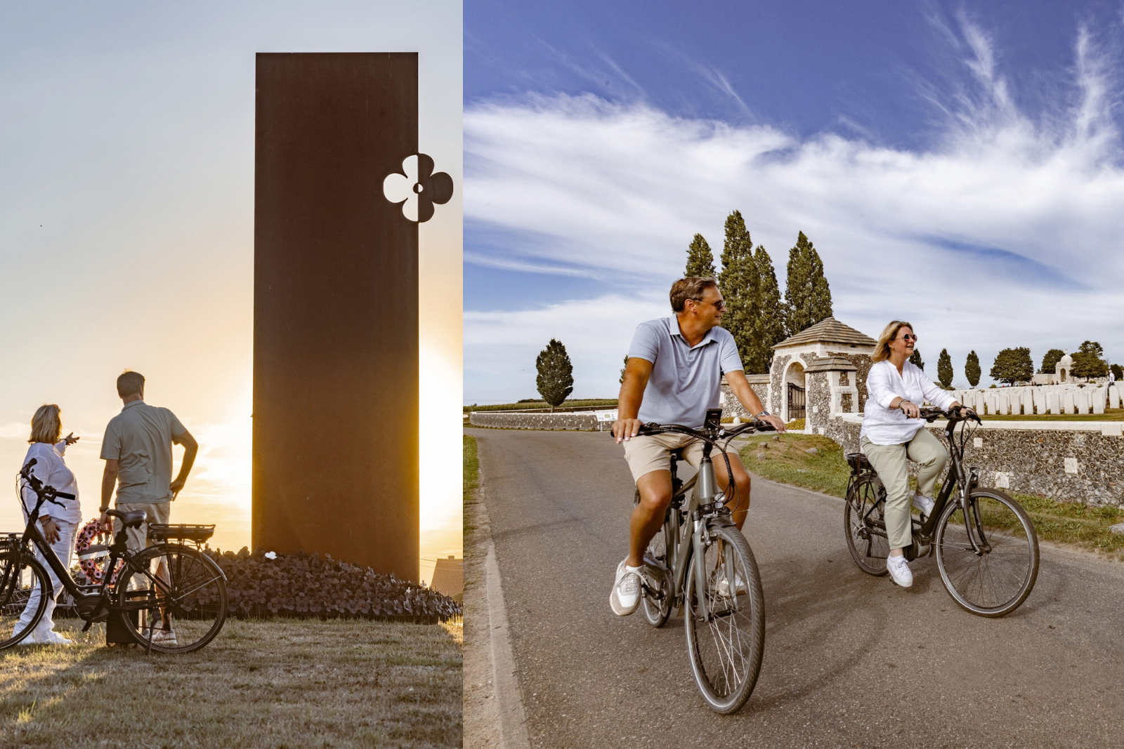 Collage van fietsers bij het Vredesmonument en twee fietsers langs Tyne Cot Cemetery tijdens de Vredesroute.