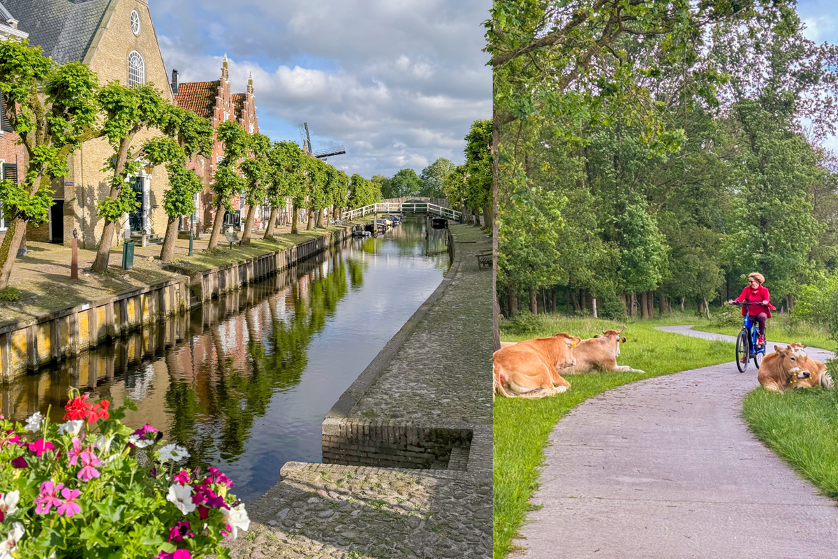 Collage van Sloten in Gaasterland met historische gevels langs het water en een fietser tussen koeien in het groene landschap.