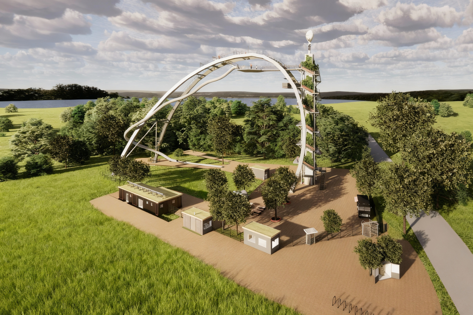 AI-visualisatie van de nieuwe SkyLoop bij het Steinhuder Meer, met de hoge uitkijktoren in een groen landschap.